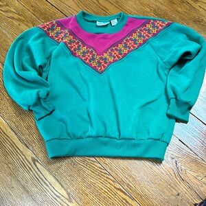 Center Aisle Vintage green sweatshirt with sweater knit pink panel. Medium.